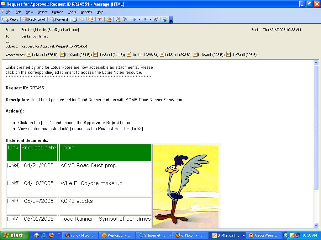 Screenshot of message in Outlook