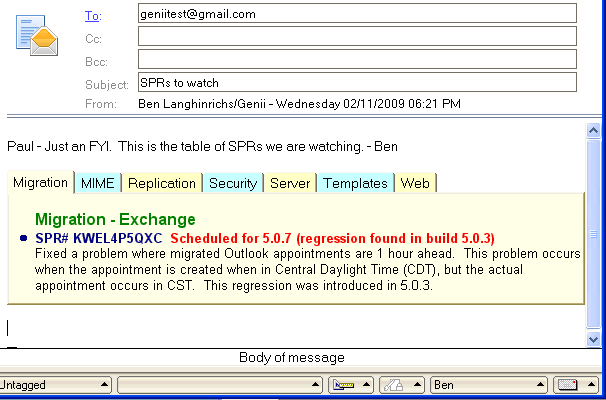Email with tabbed table in Notes