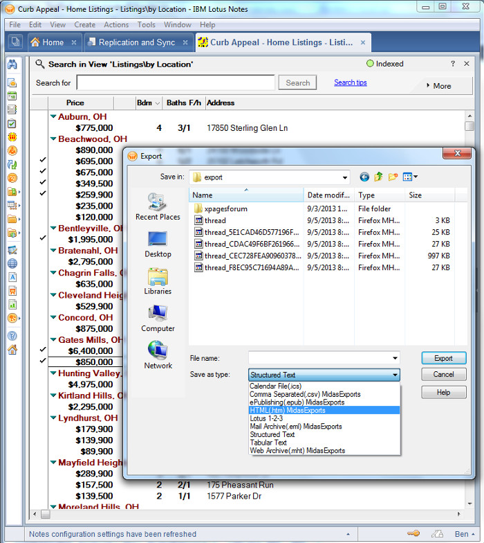 View export listings showing Midas Exports options