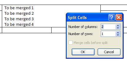The split cells dialog from MS Word